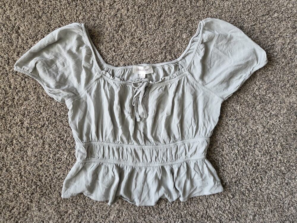 Pink Rose Sage Green Smocked Peasant Crop Top Blouse Peplum Boho Sz Med.